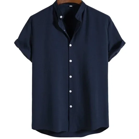 Navy Blue Preppy Mens Solid Button Up Shirt - Picture 1 of 4